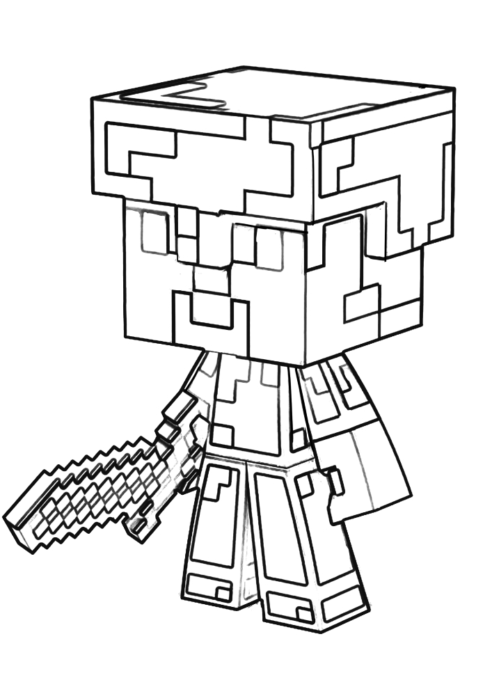 A character from minecraft in armor and with a sword
